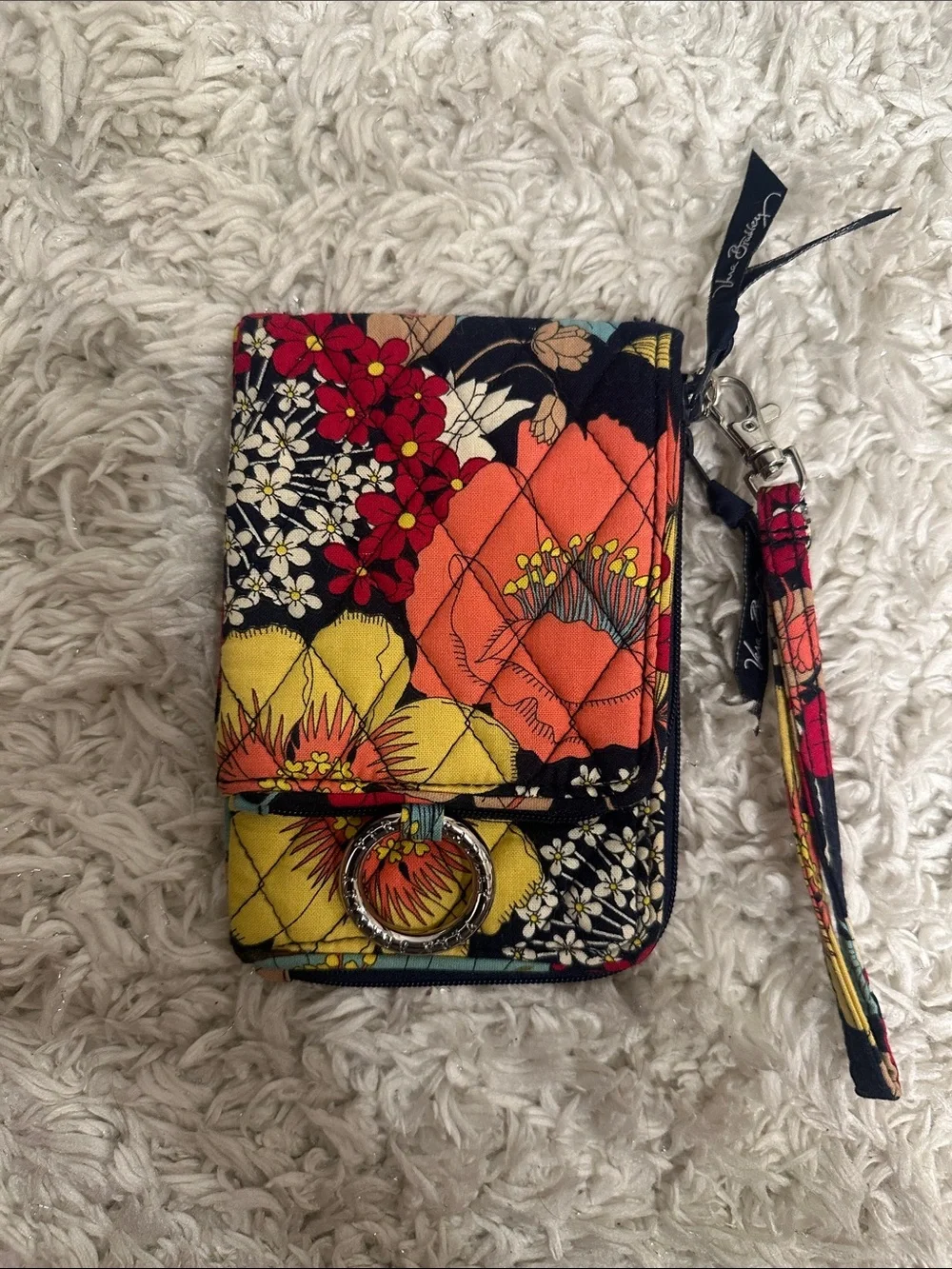 Vera Bradley Quilted Floral Wristlet in Navy, Coral & Yellow